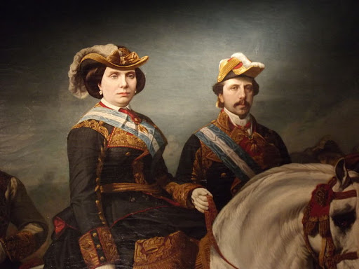 Detalle del cuadro de Charles Poiron "Isabel II dirigiendo una revista militar" en el que aparece la Reina junto al Consorte (1867)